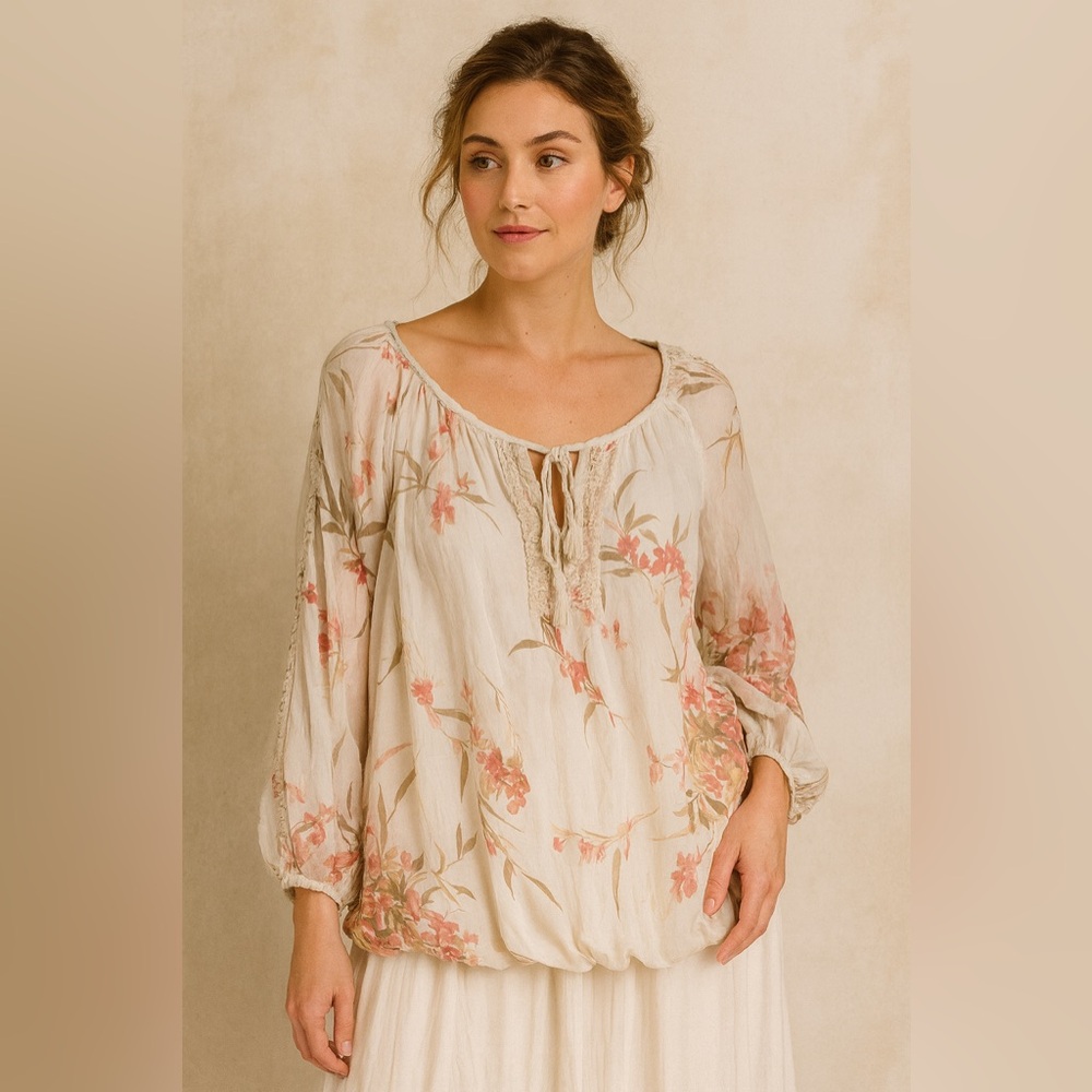 Ambra M Silk Floral Blouse Made in Italy Poet Sleeve Boho Romantic Peasant Top‎